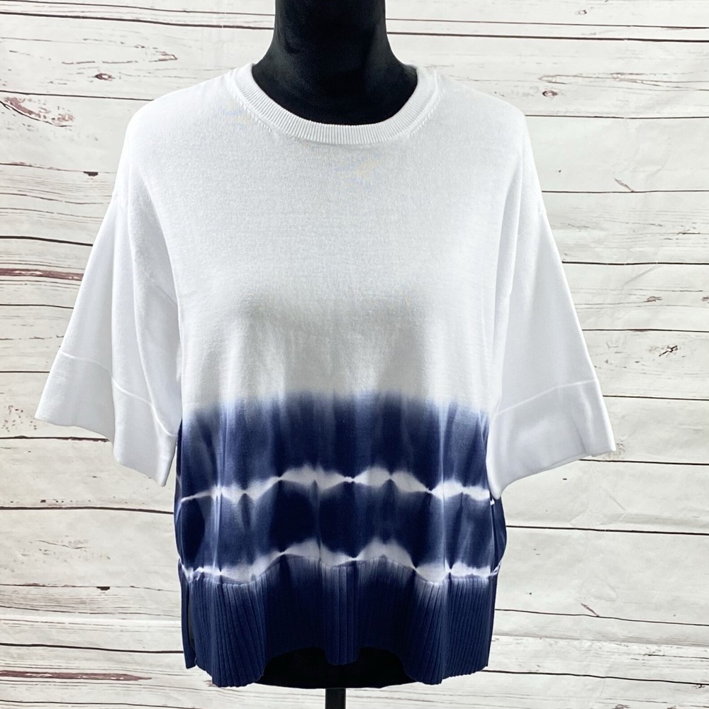 DKNY Women's Top Size L Ribbed Cotton Sweater Tie-Dye High-Low Hem NWT $89.